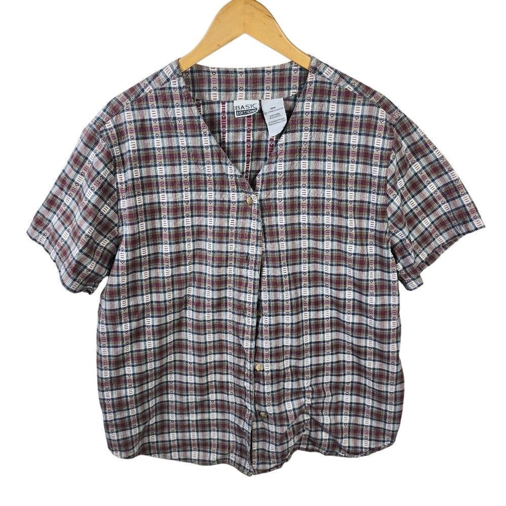Basic Editions Women's Checkered Button-Down Shirt - Maroon and White